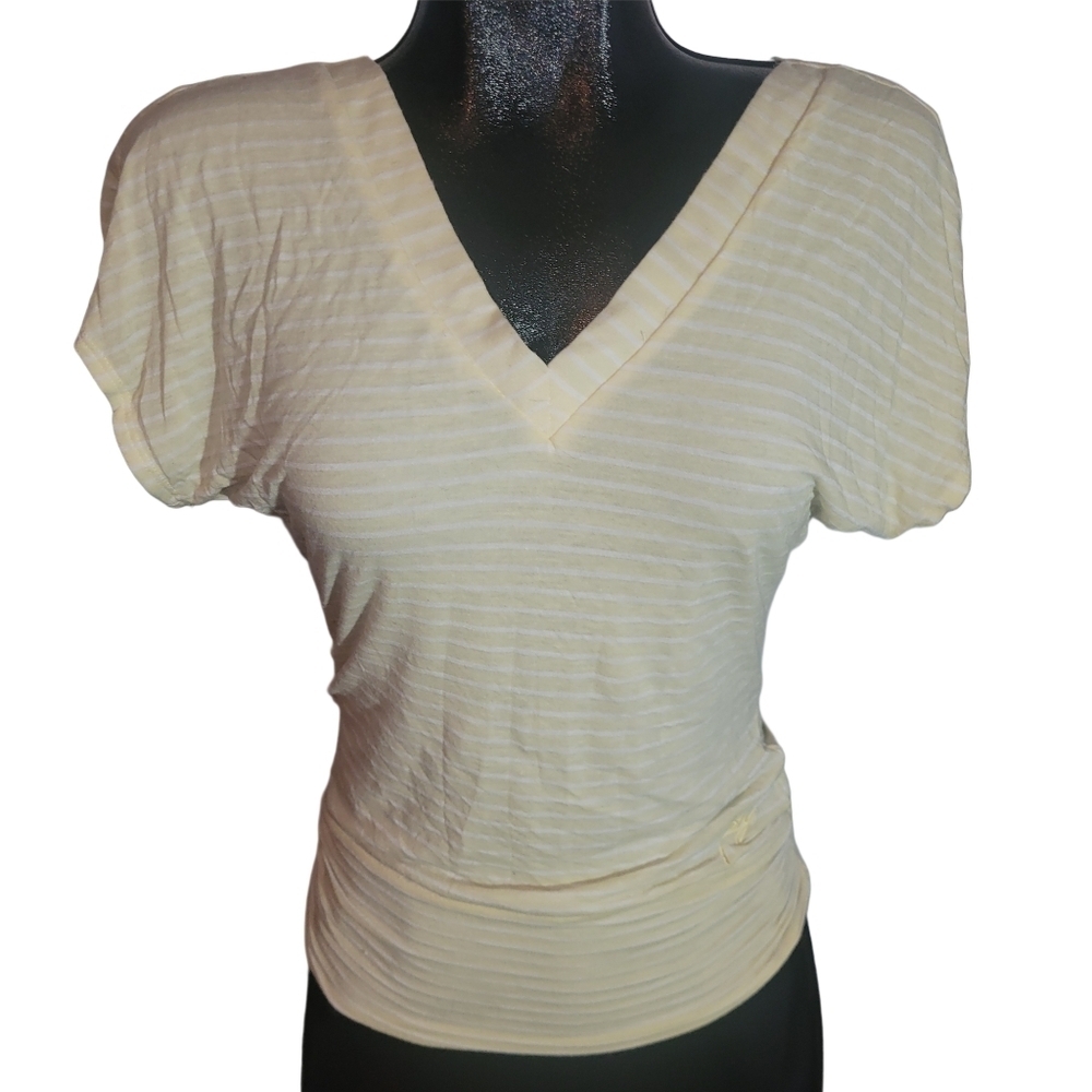 Foxy Jeans Pale Yellow and White Striped Short Sleeve Top Size S
